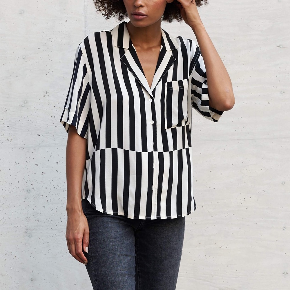 AYR Black and White Vertical Stripe Button-Down Top
